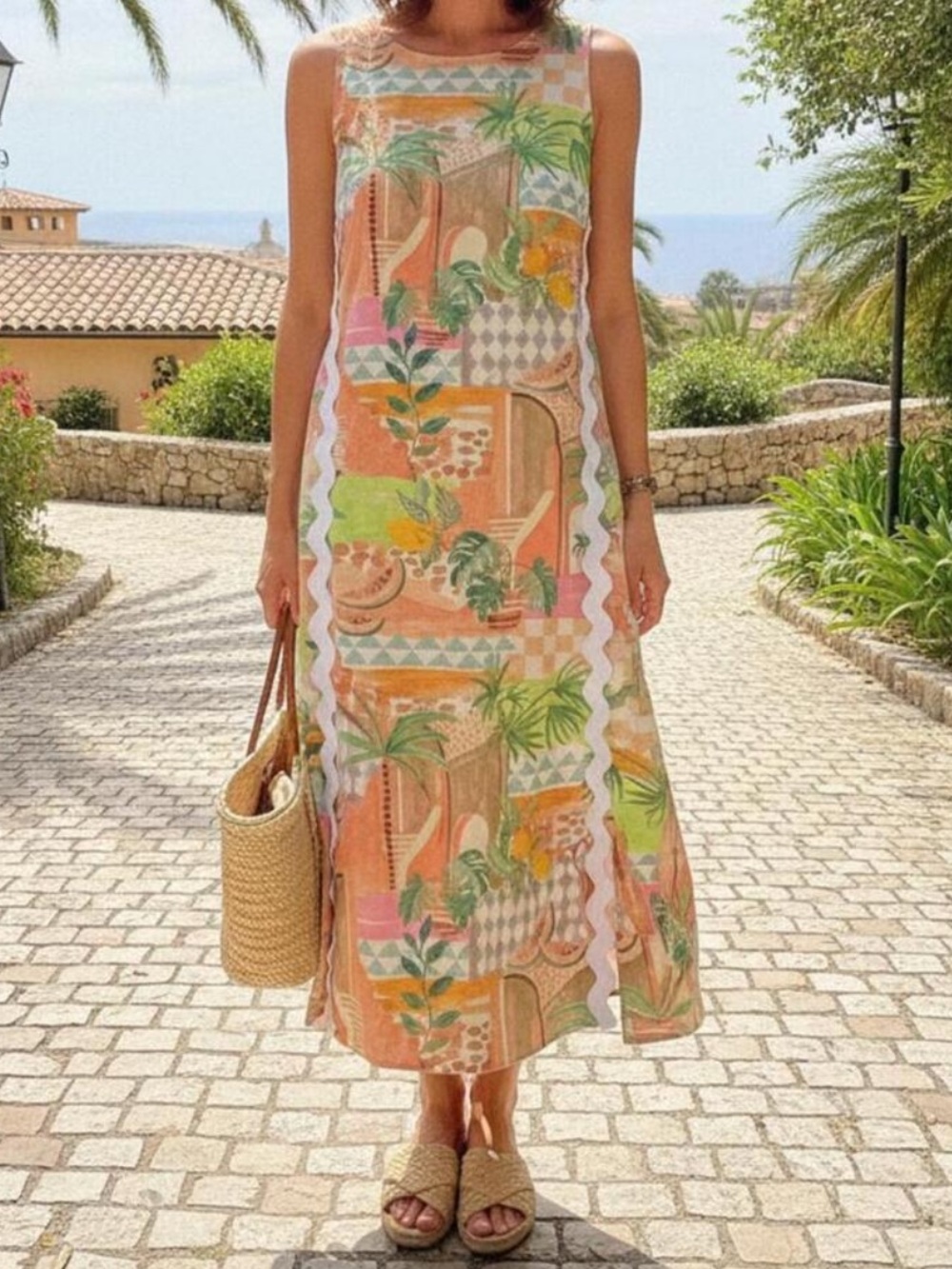 Oddi Los Angeles Tropical Scallop-Trim Maxi Dress in Orange and Green Sz S